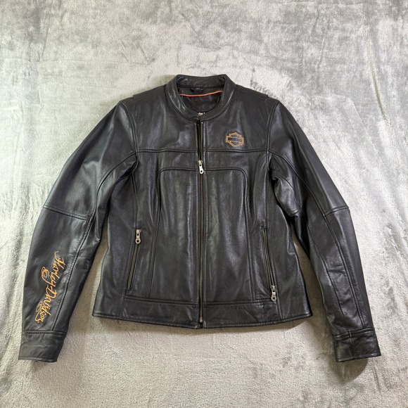 Harley Davidson Womens Black Leather Motorcycle Jacket Y2K Logo Size M
